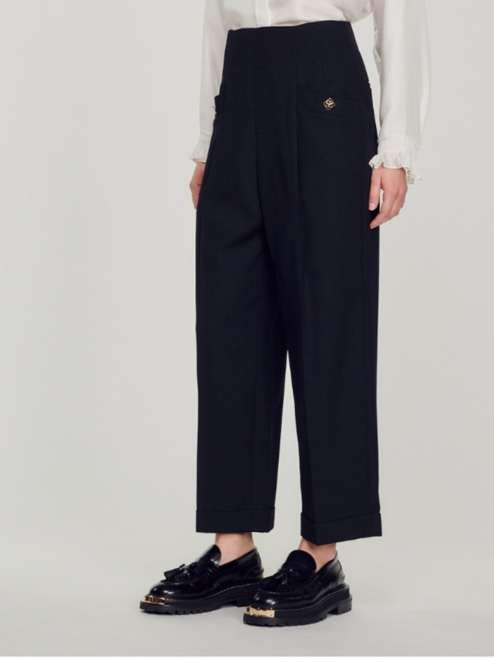 Sandro Carrot Top Cropped Black Pants Cuff Wide leg gorpcore Sieny high rise - Picture 1 of 16